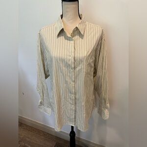 L.L. Bean Women’s Striped Dress Shirt Office Oversized SZ 16 CreamBlue Pinstripe